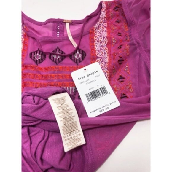 Free People Womens Purple Long Flutter Sleeve Embroidered Top Sz M New - Picture 8 of 11